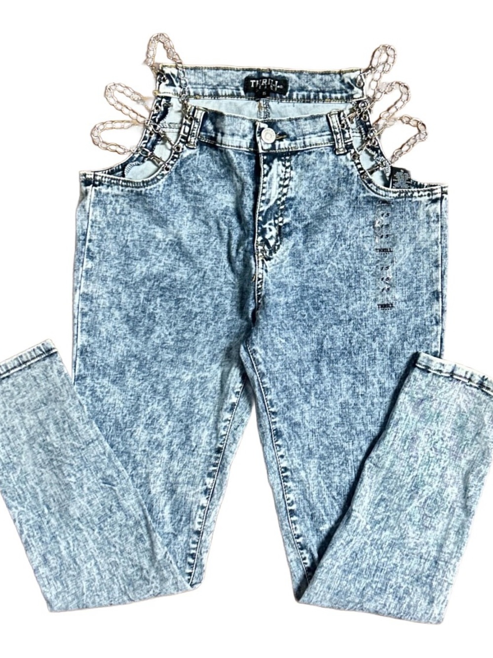 Thrill ~ Size 15 (38/30) Blue Acid Wash Denim W/ Side Cut Out Metal Chains ~ New